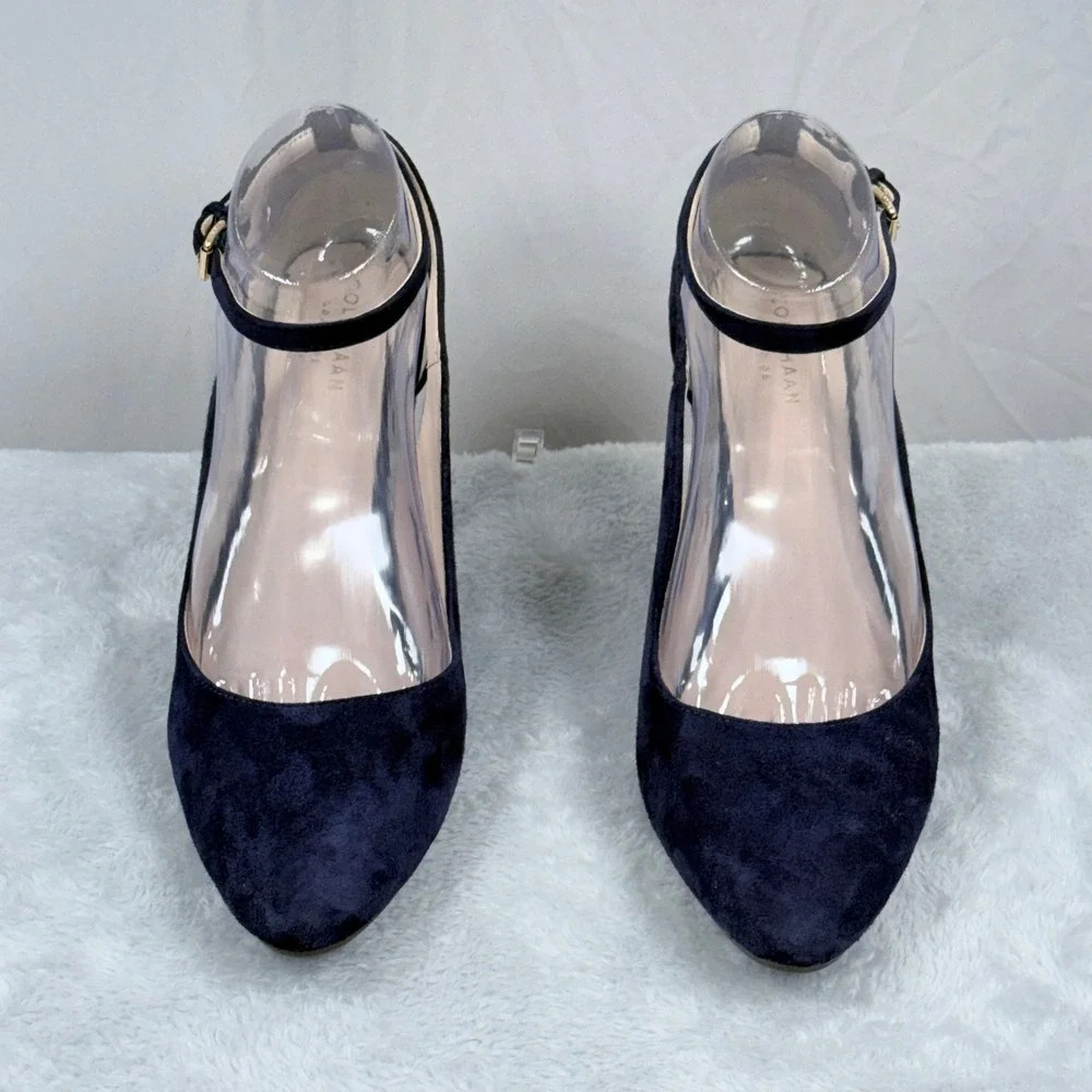 Cole Haan Lacey Suede Grand.OS Wedge Pump Women 8.5 Blue Ankle Strap Pointed Toe